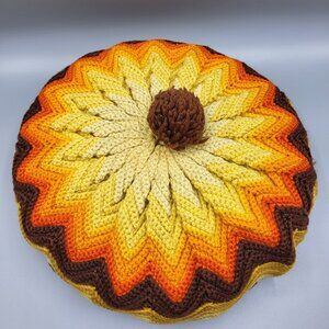 Vtg Crochet Round Granny Throw Pillow Orange Yellow Multi Yarn Ruffled Handmade